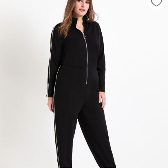 Eloquii Rhinestone Trim Embellished Zip Front Jogger Black Jumpsuit Size 22 - Picture 1 of 13